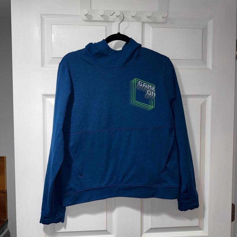 Blue hoodie with green game
